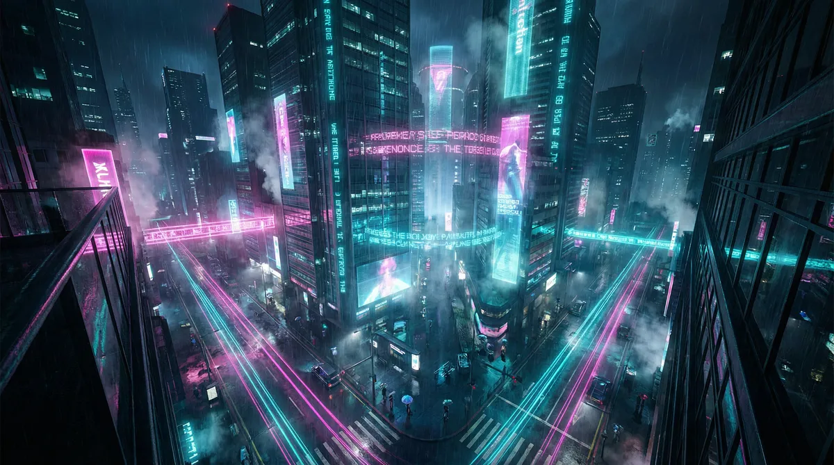 黛妃小说的 竖屏短剧平台首页背景 - 赛博朋克都市夜景